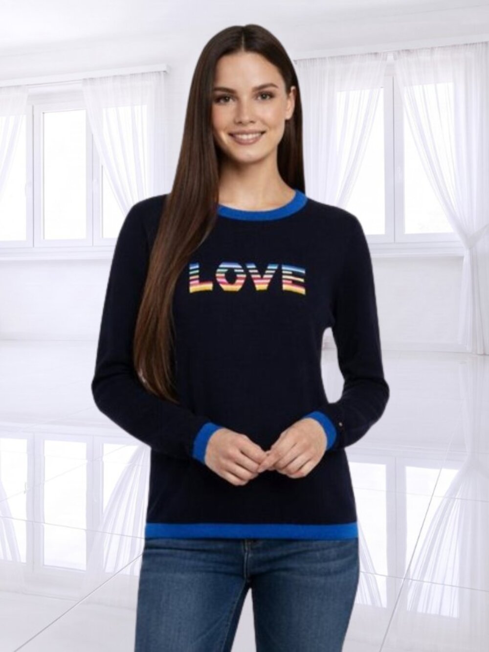 Tommy Hilfiger LOVE Sweater Womens Small Navy Blue Rainbow Graphic Knit Pullover